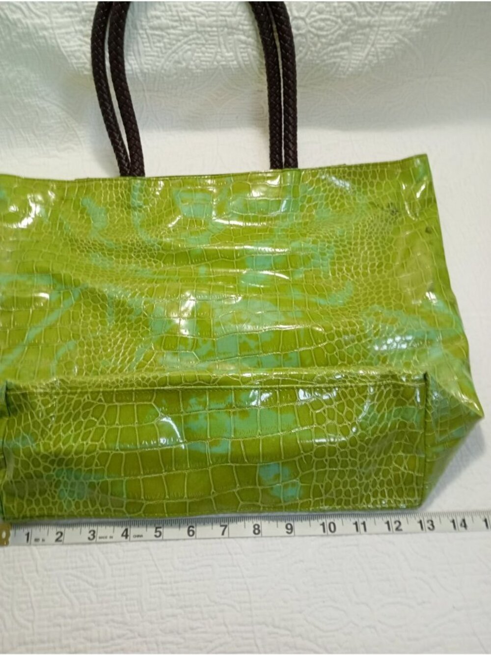 Neiman Marcus Green Croc-Embossed Vinyl Tote Bag With Brown Braided Handles - Picture 8 of 12
